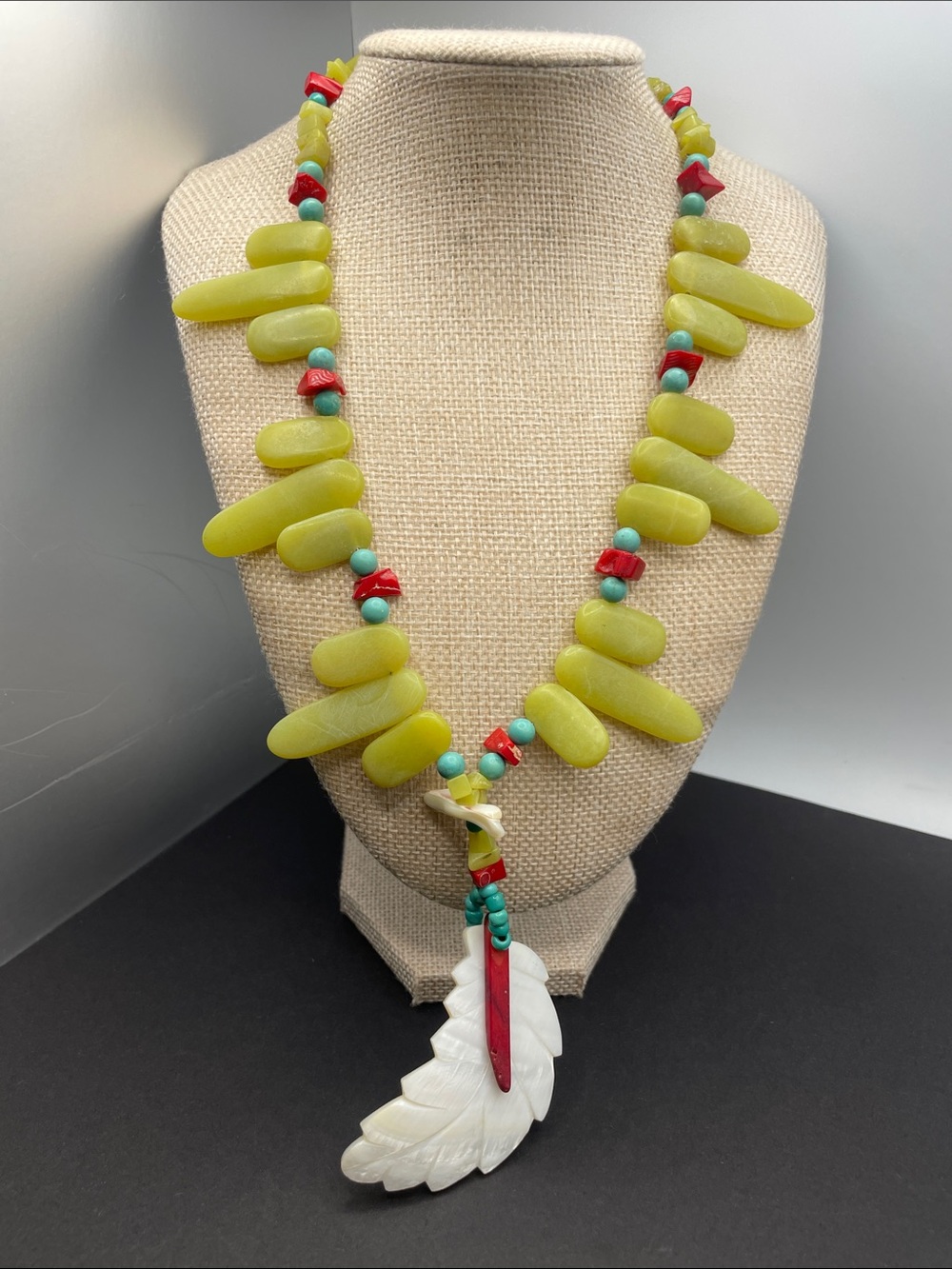 artisan made loosely strung Serpentine, Coral, MOP & magnesite necklace